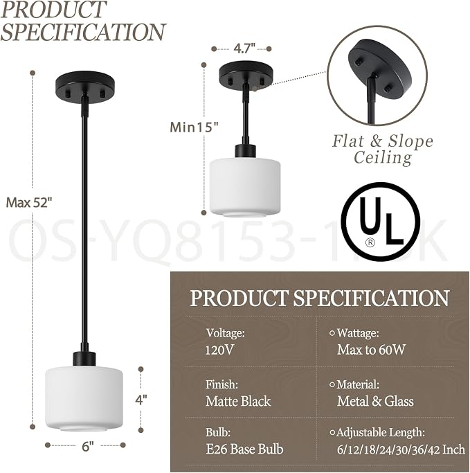 Black Pendant Lights Kitchen Island 2 Pack, Modern Milk Glass Hanging Light Fixtures with Rods, Mini Kitchen Pendant Lighting Over Island for Sink Bathroom, OS-YQ8153-2PBK