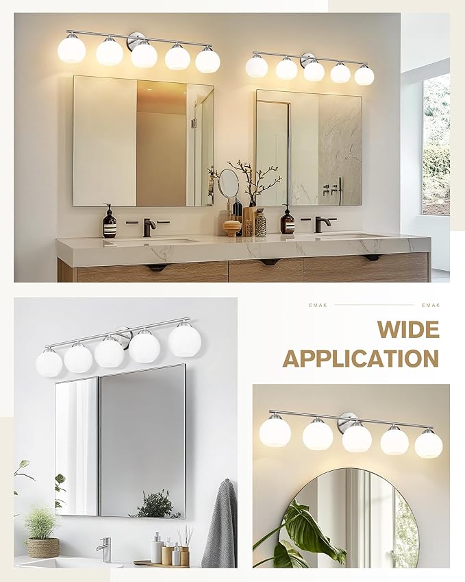 Emak Brushed Nickel Vanity Light, 37 Inch Globe Bathroom Light Fixtures with Milk Glass Shade, Modern 5-Light Vanity Lights for Bathroom, Mirror, VL114-BN-ML-5