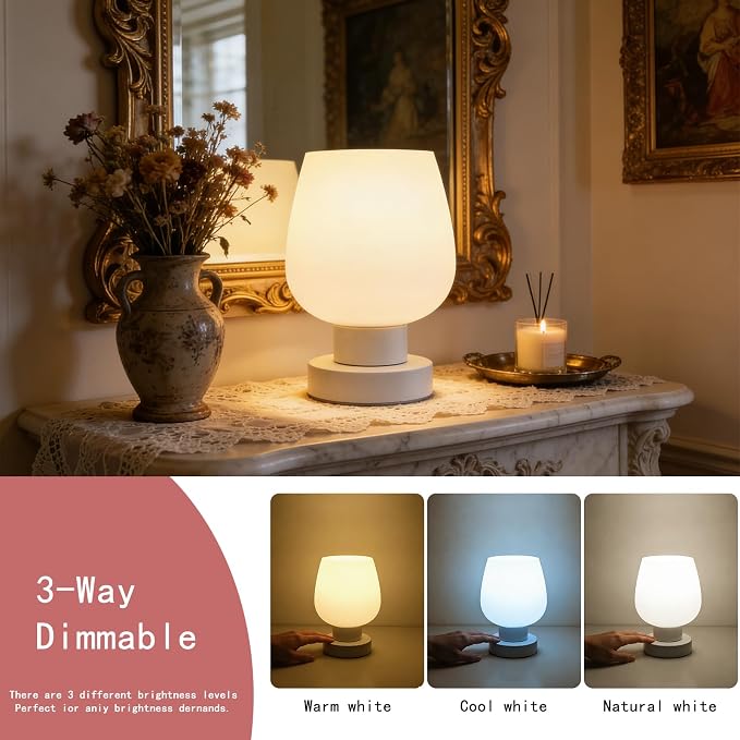 Touch Table Lamp with 3 Way Dimmable for Bedroom Nightlight Living Room, Modern Desk Lamp with LED Bulb, White Opal Glass Lamp Shade, Metal Base
