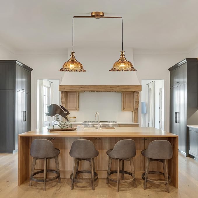 HDDFL Vintage 2 Light Pendant Light Fixtures Modern Brown Glass Hanging Lighting with Adjustable Cord for Kitchen Island Dining Room Living Room Hallway