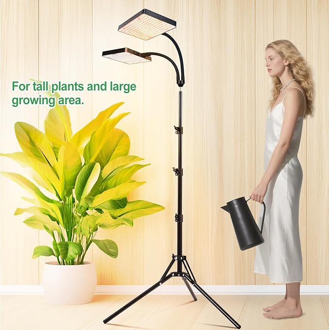 2026 2Head Grow Light with Stand, 50 Watt Power Draw, Big Coverage and Bright Enough for Indoor Large and Tall Plants, Bonsai Tree, 40"-64" Height Adjustable