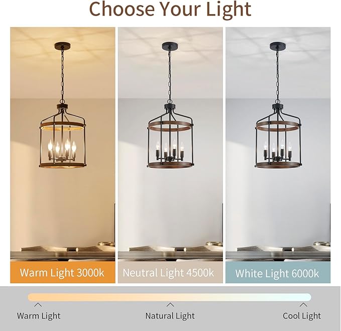 Modern Black Chandelier, 4-Light Farmhouse Dining Room Light Fixture Over Table, Muted Black with Retro Wood Texture Shade, Rustic Cage Hanging Pendant Lighting for Hallway Entryway Kitchen Bedroom