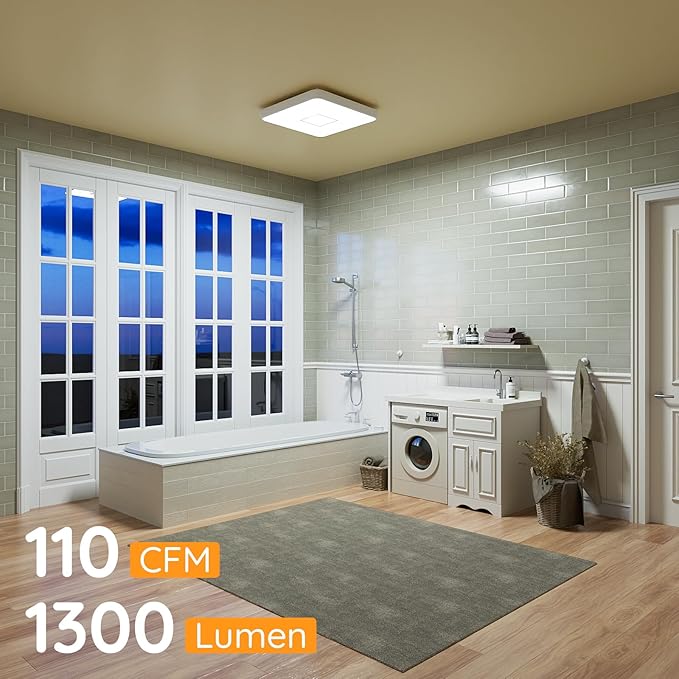 Fitop Bathroom Exhaust Fan with Light, 110 CFM Ultra Quiet 1.0 Sones Bathroom Vent Fan, Nightlight & 1300LM LED Light 2700K/4000K/6500K, Light Memory Function, ETL Certified –Silver, 7 Inch