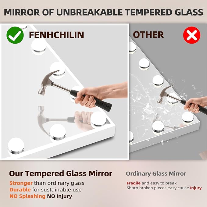 FENCHILIN Vanity Mirror with Lights 47'' x 35'' Tempered Glass Super Large Hollywood Mirror with 24 Dimmable Bulbs for Makeup Table/Hanging Bluetooth Speaker Mirror with Touch Screen & USB Charge Port