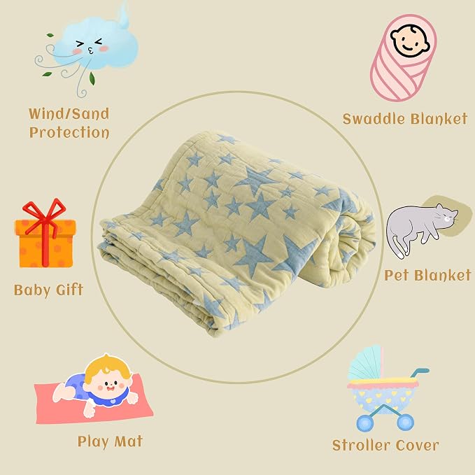 NTBAY 3 Layer Oversized Muslin Toddler Blanket, 45 x 60, Blue Yellow Star | Muslin Cotton Outer Layers with Light Thermal Fiber Fill, Reversible Blanket for Daycare, Travel, Naps, and Supervised Use