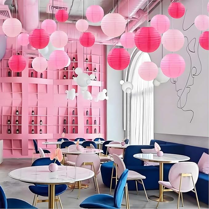 Hot Pink Paper Lanterns 12Pcs Hanging Round Paper Lanterns Decorative for Graduation Baby Shower Wedding Birthday Family Parties ﻿