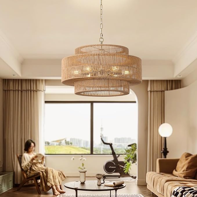 23.6"Large Boho Rattan Farmhouse Chandeliers for Dining Room,6-Light Rattan Hand-Woven Rustic Drum Chandelier Pendant Light Fixture for Kitchen Island Bedroom Living Room Entryway Foyer(Brown)