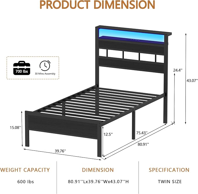 Twin Bed Frames with Charging Station and LED Lights, Black Oak | Heavy Duty Metal Slats Support, 2-Tier Wood Shelf Storage Headboard,USB & Type-C Ports,Noise-Free,No Box Spring,Easy Assembly