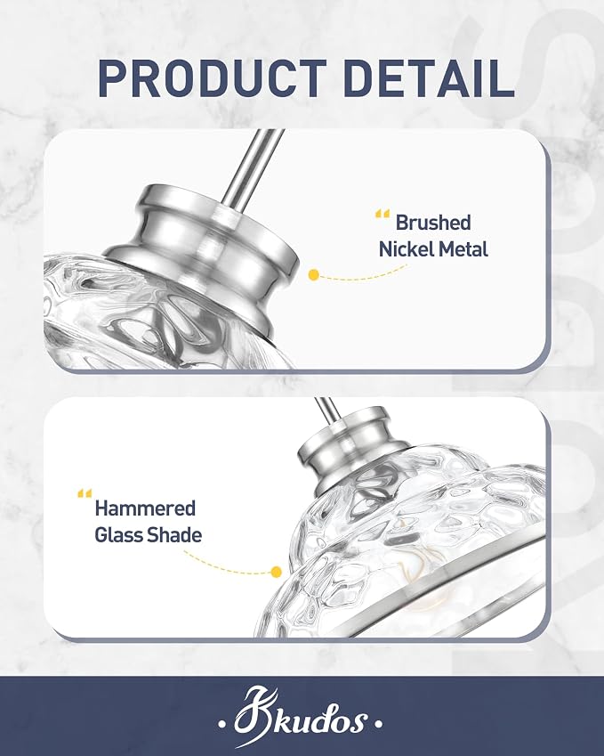 kudos 11 Inch Brushed Nickel Pendant Lights with Hammered Glass,KDPL14-BN-H | E26 Bulb Base, Hardwired, Farmhouse Styling, Adjustable Hanging Rods for Flat or Sloped Ceilings, for Kitchen Bars