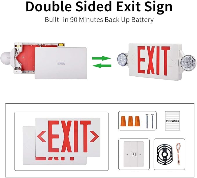Emergency Exit Light, Adjustable Two LED Head Exit Sign Light, Commercial Emergency Exit Lighting Combo with Back-up Battery for Business UL Certificated(Red, 6 Pack)