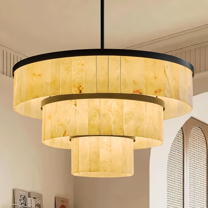 D34.3 Round Alabaster Chandelier, 3-Tier Brass Marble High Ceiling Chandeliers, Modern Dining Room Chandeliers Living Room Light for Entryways, Foyer, Stair, Kitchen Black(Include Bulbs)