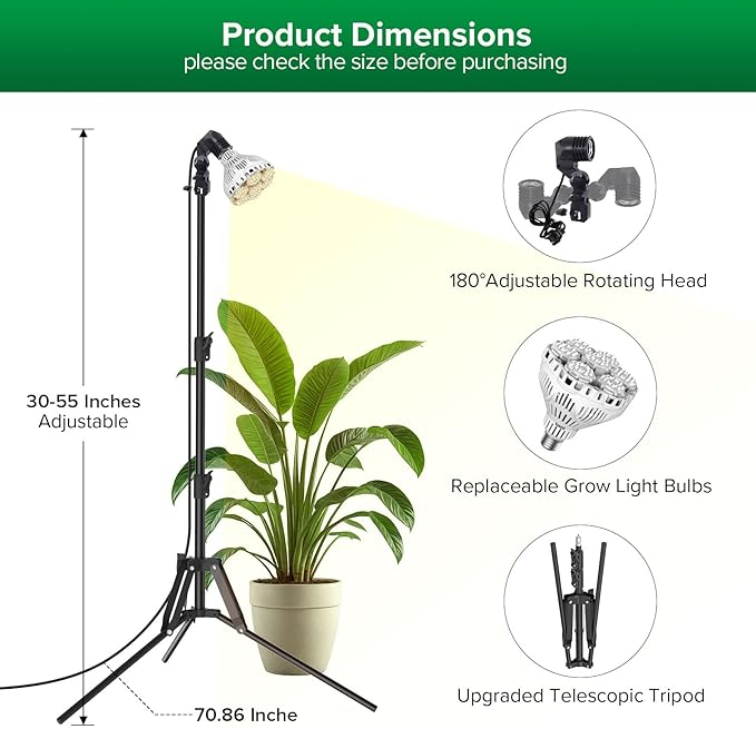 SANSI Standing Grow Lights for Indoor Plants, 40W Plant Lights for Indoor Growing Full Spectrum(600W Equiv), Tripod Adjustable 30"-55" Plant Lamp with 4-Level Dimmable, Auto On Off 4 8 12 Hrs Timer