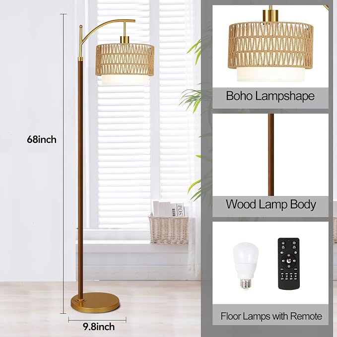 ZECOXOL Boho Floor Lamps for Living Room Rattan Floor lamp with Remote Control & 3 Color Temperatures,Vintage Wood Mid Century Modern Standing Lamp Dimmable Tall Floor Lamp for Bedroom Corner