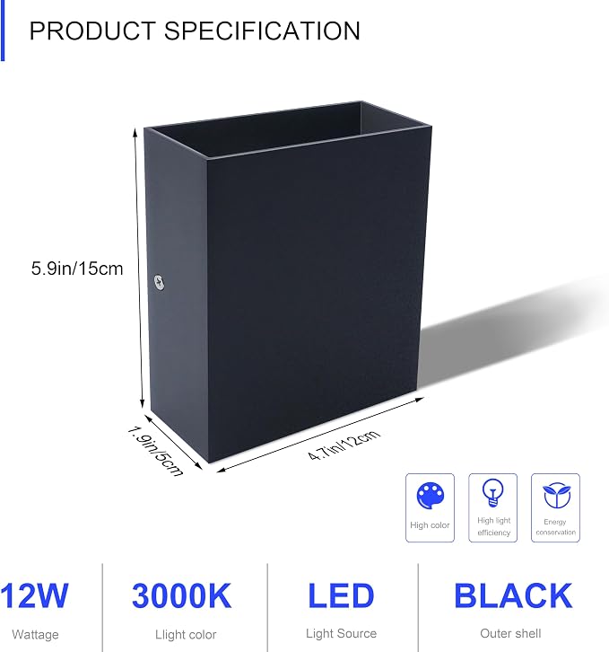 KICAAO LED Wall Sconces Set of Two, 12W Modern Wall Light, Hardwired Aluminum Wall Lamp,Black Up Down Wall Mount Lights for Living Room Hallway Bedroom Decor (Black Warm Light 3000K)