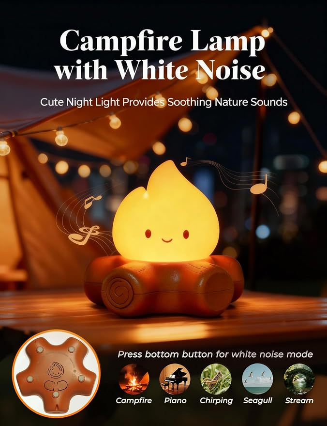 Campfire Night Light with White Noise, Rechargeable, Cute Gifts | Kids Camping Essentials, Chibi Cute Campfire Lamp, Portable, Sleep Aid Night Light for Kids Room Decor, Toddler Camping Trips