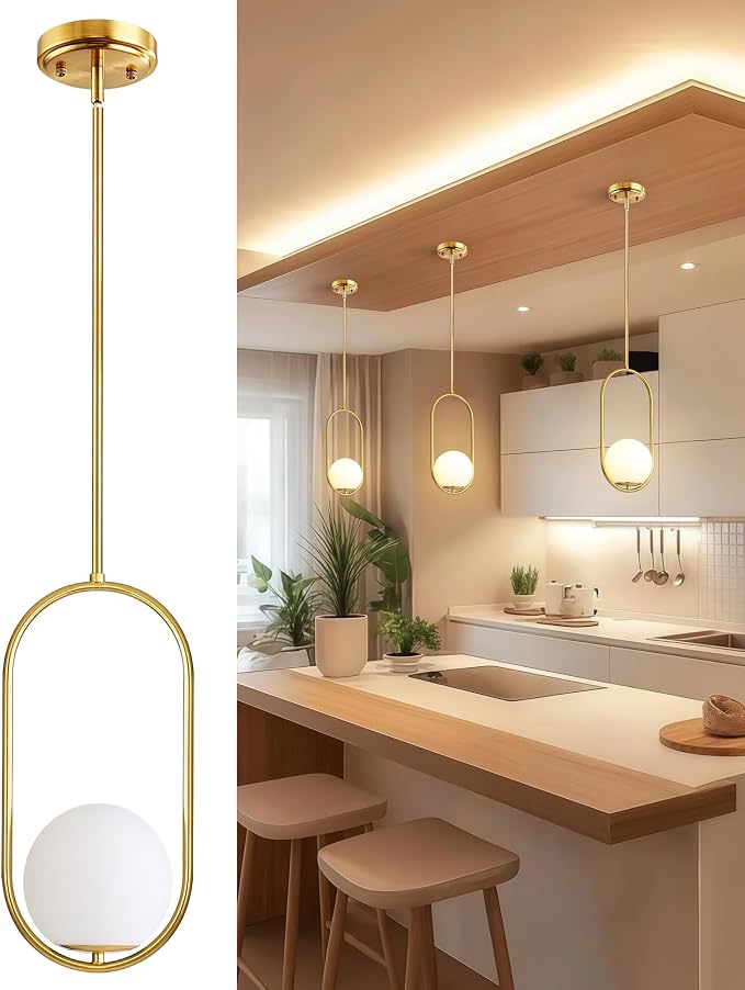 Majade Pendant Lights Kitchen Island, Mid Century Modern Pendant Light Fixtures, Gold Globe Glass Pendant Lighting, Brass Chandelier Adjustable Hanging Light for Dining Room Bathroom Bedroom