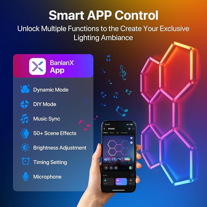 HYPERLITE Hexagon Garage Lights: Gen-IV 5 Grid RGB Hexagon LED Lights with Music Sync Mode, App & Remote Control, Multi-Color Honeycomb Light for Gaming Room, Gym, Garage