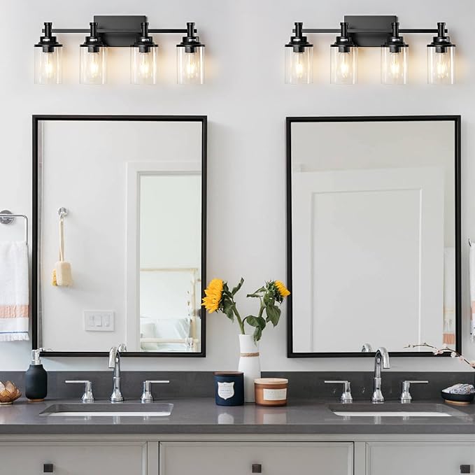 4-Light Bathroom Vanity Lights with Clear Glass Shades, Matte Black Over Mirror, Modern Wall Lamp for Mirror, Living Room, Bedroom