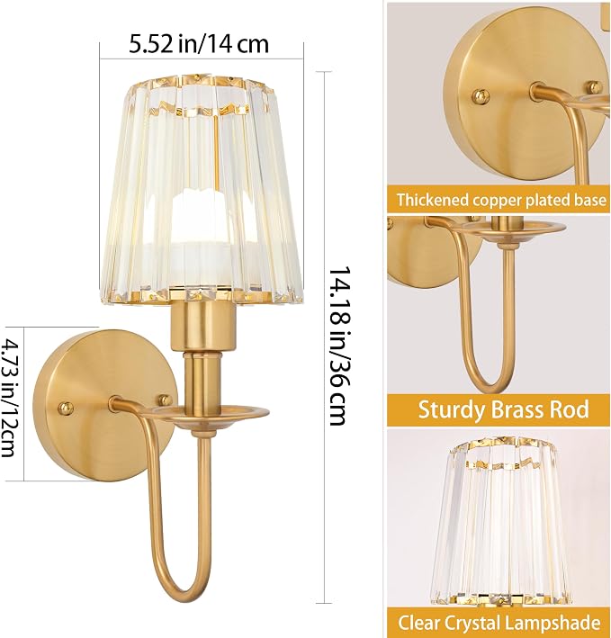 Battery Operated Wall Sconces Set of 2, Gold Crystal Wall Lights | 5200mAh rechargeable wall lights with magnetic bulbs, remote control, 15 colors, 10-level dimming and timer for bedrooms