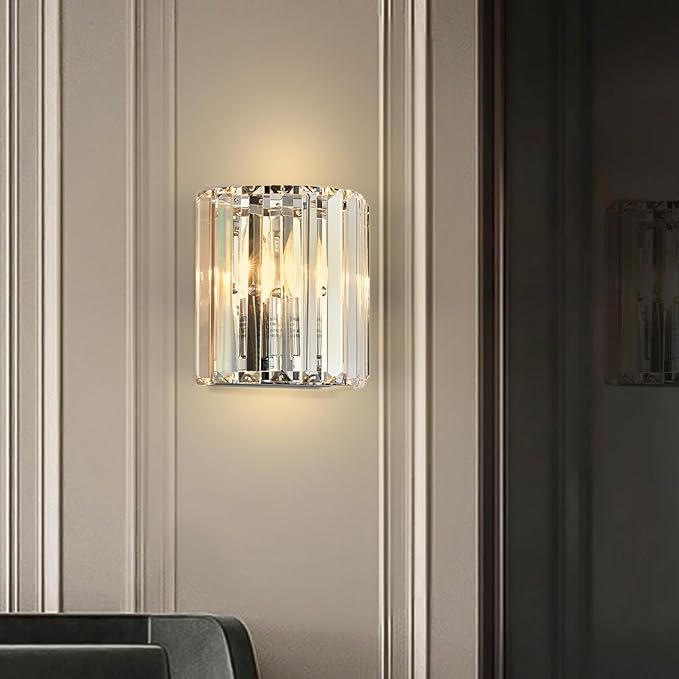 Crystal Wall Sconces Set of Two, Modern Wall Sconce Set of 2 in Chrome Finish, E12 Bases Wall Lamp for Living Room, Bedroom, Bathroom, Hallway, Entryway, Bulbs not Included