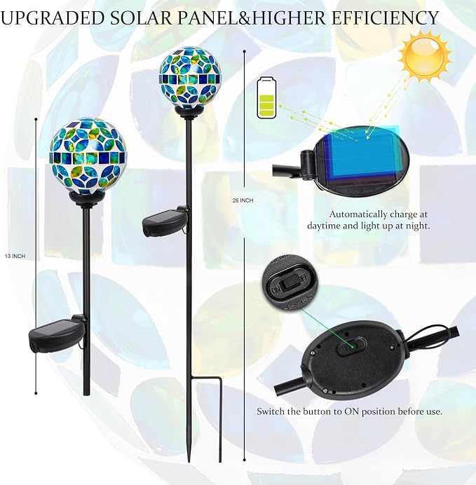 VCUTEKA Decorative Solar Garden Lights, 3.5" Mosaic Globe Outdoor Stake | Mosaic Glass Globe Design, Solar LED Light, Waterproof Design, Auto On/Off and Metal Stake Design for Lawn and Patio