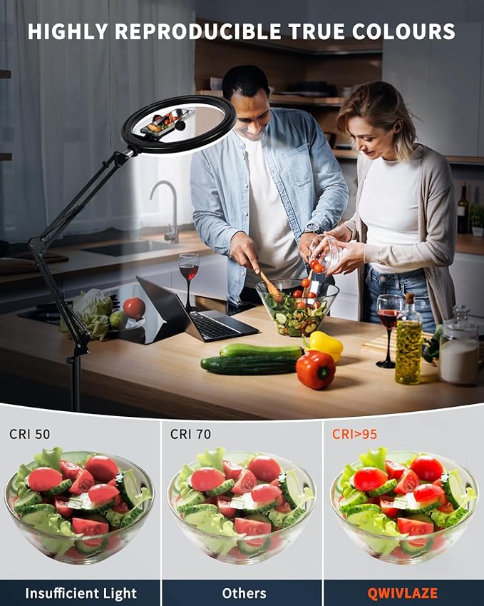 12" Overhead Phone Mount with Ring Light, 360° Circle Light - CRI >95 & Adjustable 72" Height, Phone Ring Light for Photography,Live Streaming, Cooking and Content Creation