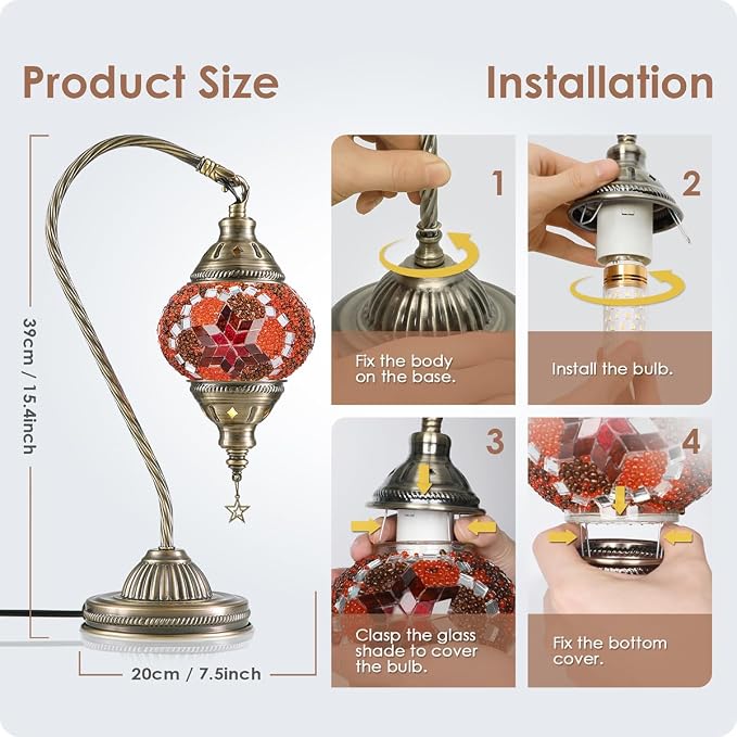 Yarra-Decor Turkish Moroccan Lamp with Bronze Base 3 Color Options Handmade Swan Neck Mosaic Glass Bedside Lamps for Bedroom (LED Bulb Included)(Red2)