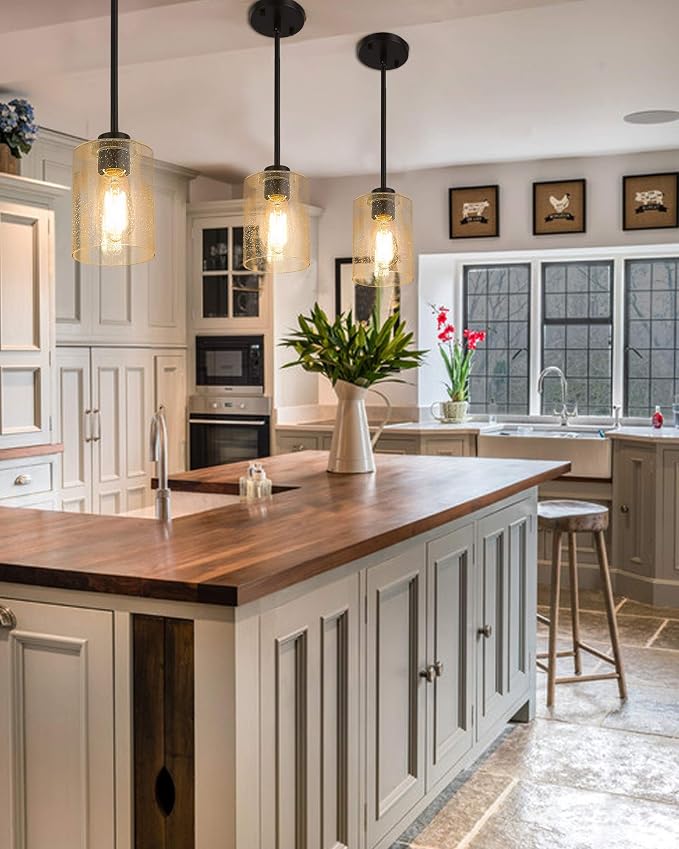 Beionxii Pendant Lights Kitchen Island, Farmhouse Pendant Light, 2 Pack | 4.7" Seeded Glass Pendant Light Fixture, Dark Bronze Finish, Hanging Light Fixtures for Kitchen Island Dining Room,9002-1H-2P