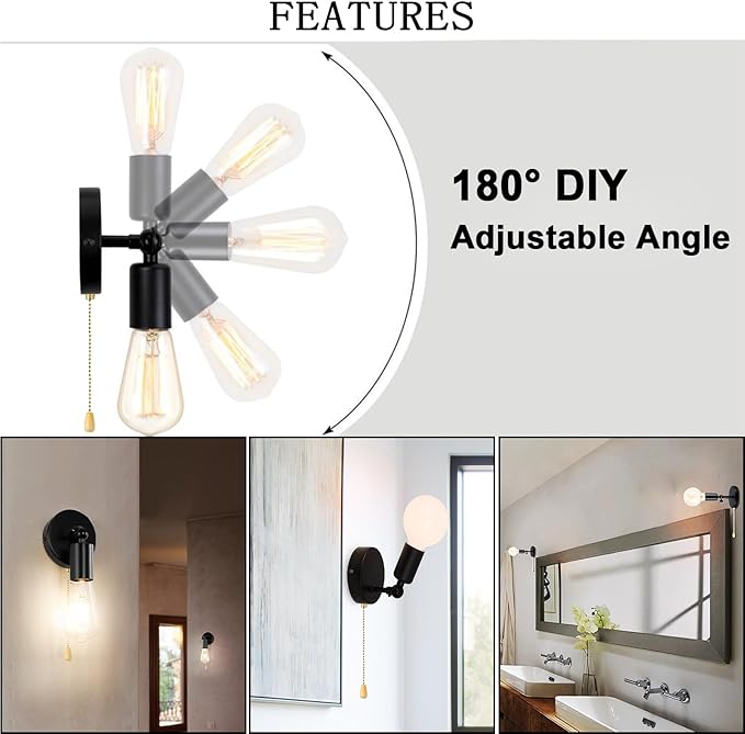 2-Pack Hardwired Pull Chain Wall Sconce, Black Wall Light Fixtures with Switch Indoor E26 Adjustable Small Sconces with Pull String for Kitchen Bedroom Hallway