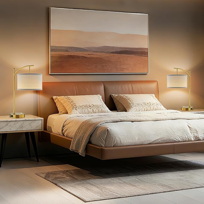 Table Lamp for Living Room Bedroom, 23.5" Table Lamp with USB C+A Ports, Bedside Lamp for Nightstand with Linen Lamp Shade, Dimmable LED Bulb Included, Gold