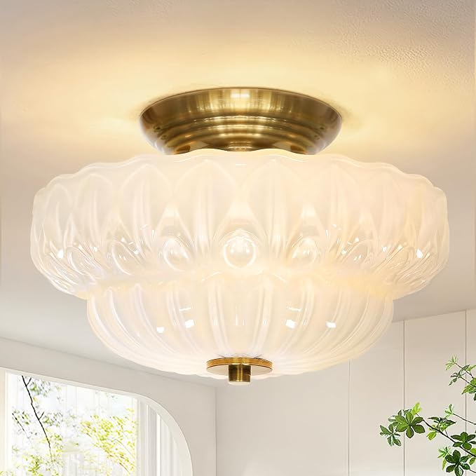 11IN Vintage Semi Flush Mount Ceiling Light,3-Bulb Milk Glass | Gold Hallway Lights Fixture, Close to Ceiling Light for Bathroom, Hallway, Dining Room,Bulb Not Included
