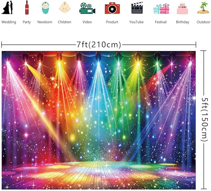 Rainbow Stage Disco Backdrop 7x5FT Colorful Stage Music Photography Background 70s 80s Music Disco Party Decorations Banner Supplies Photo Props
