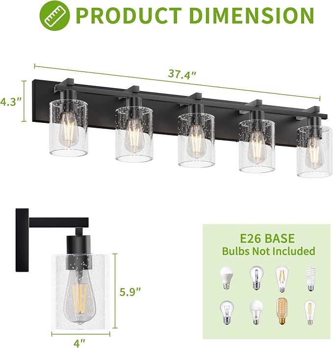 5-Light 37inch Black Vanity Light, Thickened Seeded Glass Shade | Over Mirror for Bathroom, Rust Resistant, E26 Base, Easy Install, Removable Glass Shade Horizontal Mount, Dimmable