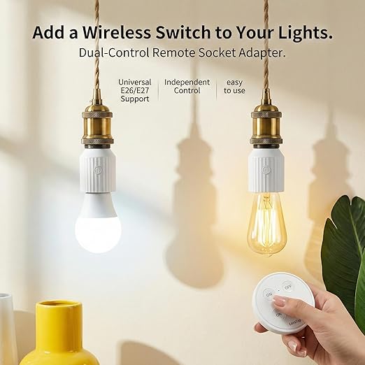 LoraTap Remote Control Light Socket, Wireless Light Switch for Pull Chain & Bare Fixtures, Wall Mount, 100ft Range for Closet, Basement & Garage, E26 E27 Adapter, No Wiring (1 Remote + 2 Sockets)
