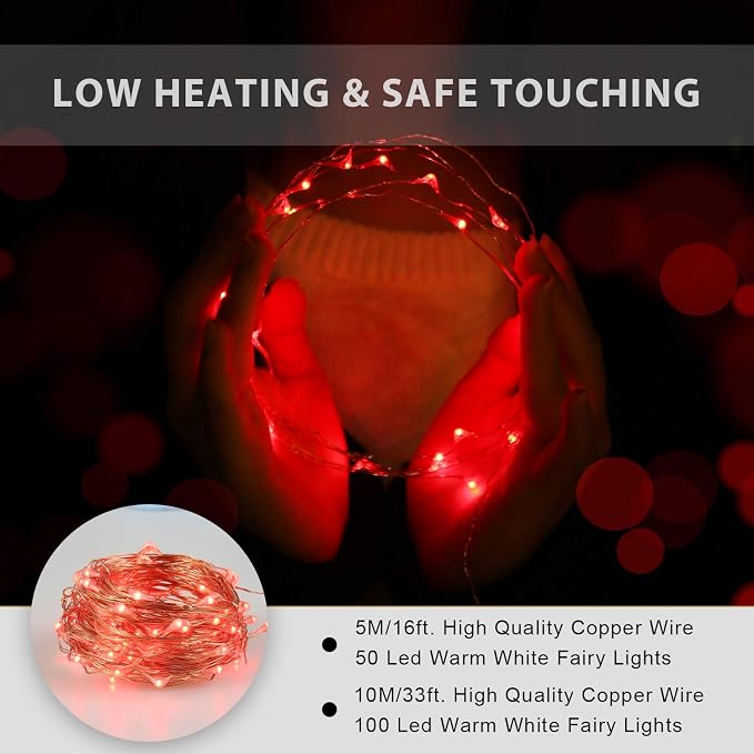 Ariceleo USB Powered Fairy Lights, 100 led 33 ft. USB Plug in Copper Wire USB String Lights for Bedroom Christmas Decoration Wedding Party Firefly Lights (Red,1 Pack)
