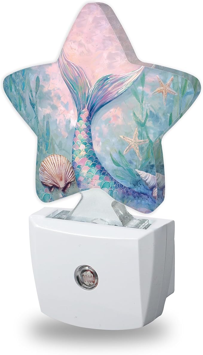 Cute Mermaid Tail Night Lights Plug Into Wall,Seashell Dusk to Dawn Light Sensor Night Light for Kids,Energy Efficient Sleep Friendly Lamp for Bedroom Bathroom Nursery