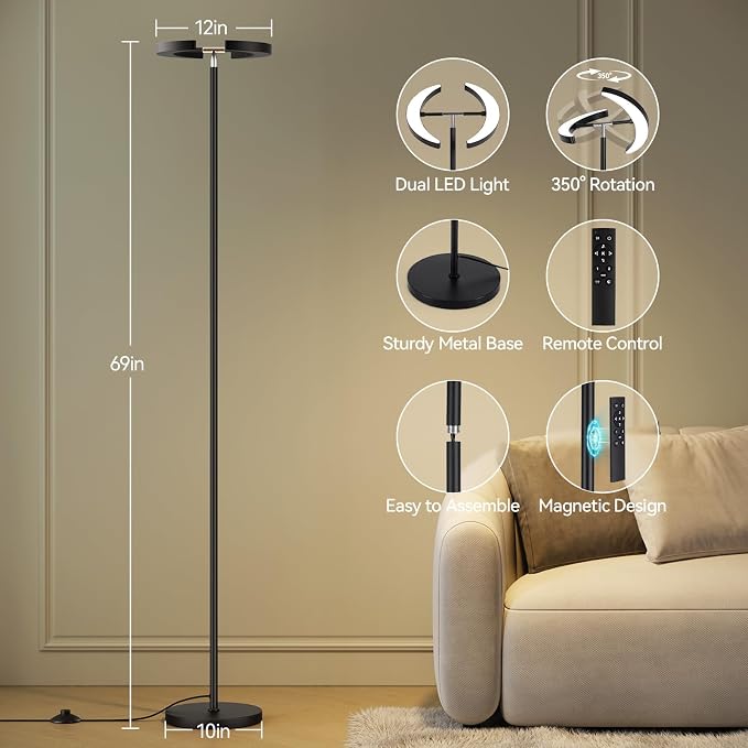 SUNMORY Floor Lamp for Living Room, 28W Bright LED Lamp with Remote Control | 1600lm Dimmable Rotatable Standing Light, 74" Tall Modern Reading Torchiere Uplighter for Bedroom Office Corner, Black