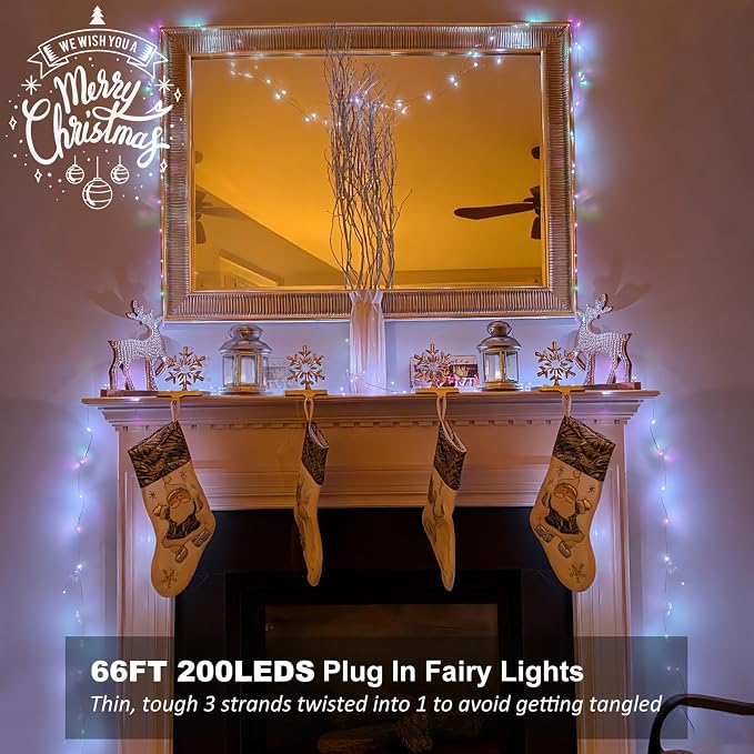 Fairy Lights Plug in 66ft 200LEDs with Remote, 20 Color Changing Light Warm White Twinkle Firefly String Lights for Christmas Bedroom Tapestry Party Wedding, Multicolor Colors (Plug)