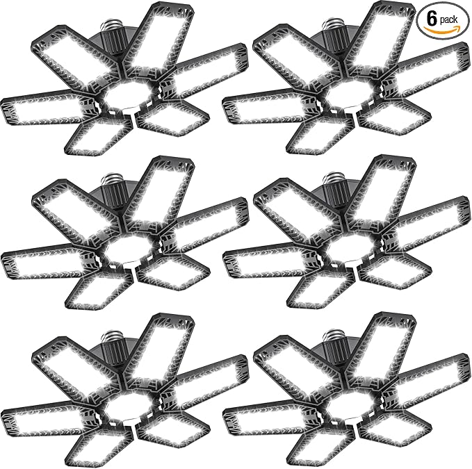 6 Pack Garage Light - 180W 18000 LM 6500K Deformable Garage Lights Ceiling LED with 6+1 Adjustable Panels, Shop Lights E26/E27 Screw Socket for workshops, Parking, Basement, Storage Room