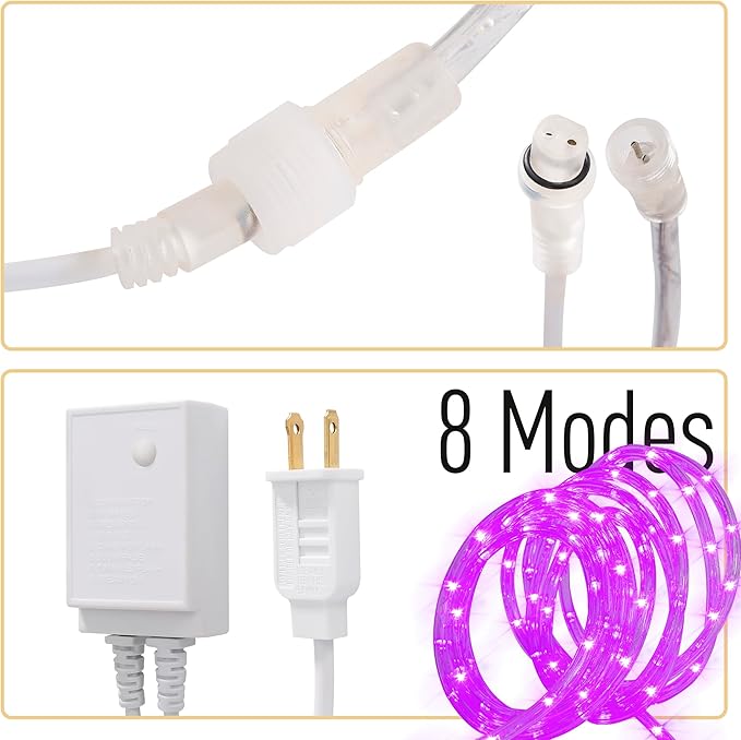 Waterproof LED Rope Lights, Connectable & Flexible with 8 Modes, Outdoor Lighting for Deck, Garden, Pool, Patio & Christmas Decor (Purple, 20ft)