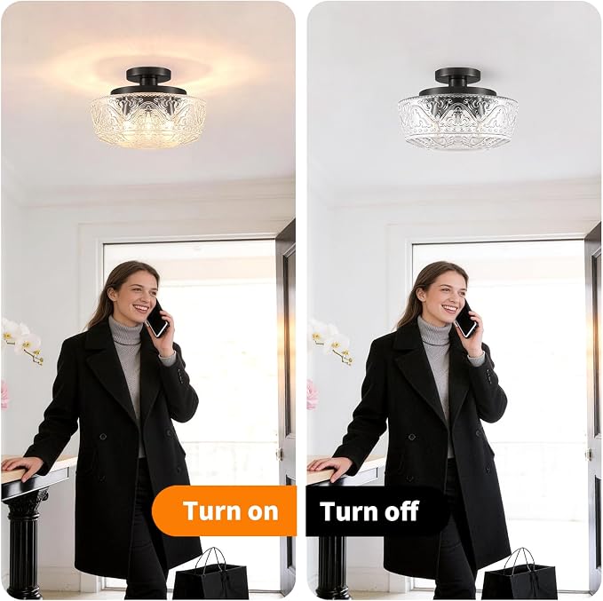 Daunton 3 Light Semi Flush Mount Ceiling Light Fixtures, Matte Black Hallway Light Fixtures with Thickened Glass, Vintage Ceiling Light Fixture for Bedroom Closet Entryway Bathroom Kitchen, E26*3