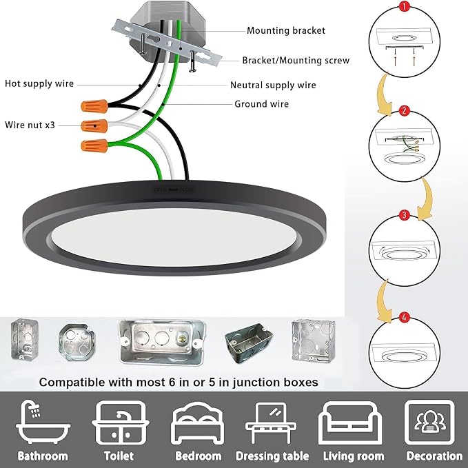 ETL 7 inch Small LED Flush Mount Ceiling Light Dimmable,5000K Daylight Ultra Slim Round Flat Panel Ceiling Light Fixture,Modern Ceiling Lamp for Closet,Kitchen,Bathroom 7inch-6 Pack(Black)
