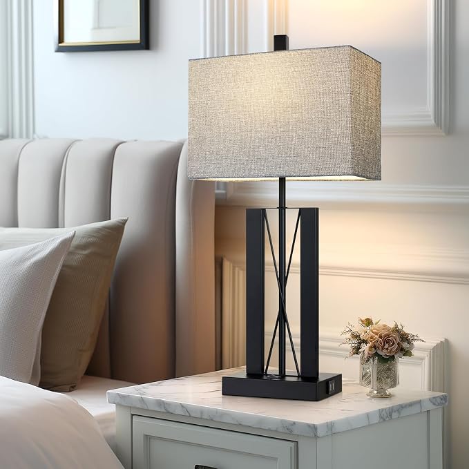 Lolikit 25" Table Lamps Set of 2, Modern Table Lamp for Living Room with 2 USB Charging Ports, Nightstand Geometric Industrial Bedside Lamp with Gray Shade for Bedrooms End Table Decor, Bulbs Included