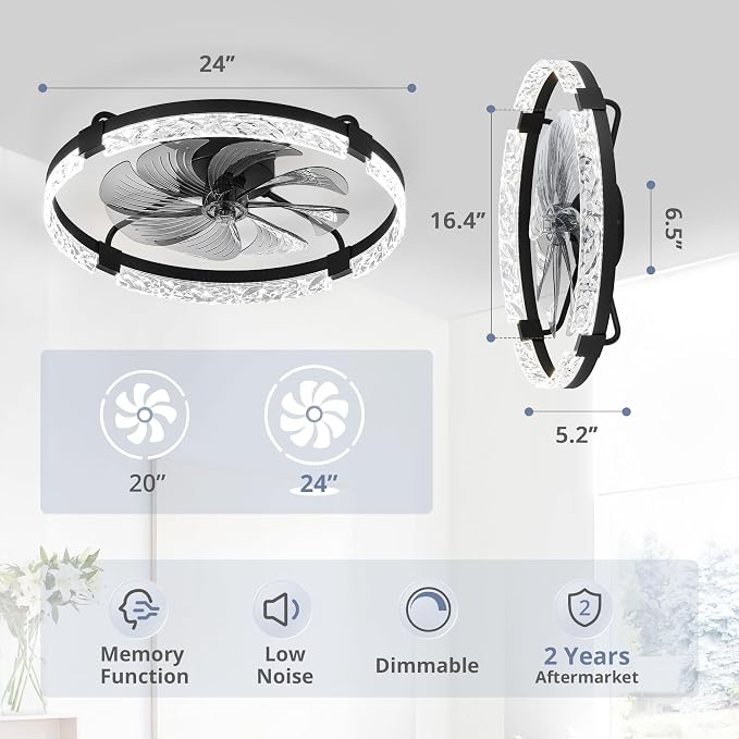 LEDIARY 2 Pack 24" Ceiling Fans with Lights and Remote, Fandelier Black | 3CCT, 6 Speeds, Dimmable Low Profile, Flush Mount Ceiling Fan, Timer, Reversible, Memory, Bedroom, Living Room, Kitchen