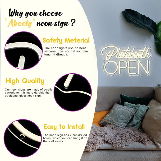 Photobooth Open Neon Signs for Wall Decor, Dimmable Photo Studio Sign Led Neon Light Sign Photo Booth Decor Open Sign Office Reception Sign Birthday Party Decorative Gifts(15.7 * 9.5in)