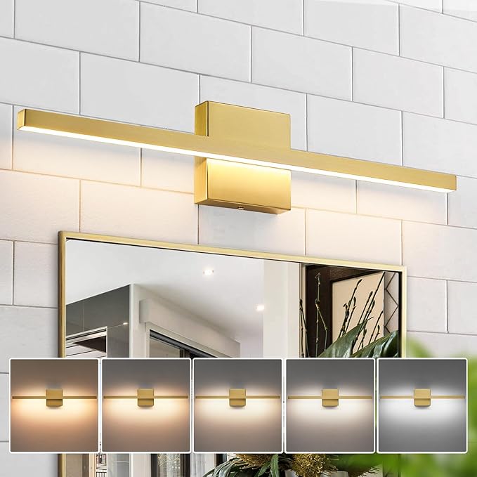 Gold Bathroom Light Fixtures - 23.6 inch Brushed Gold Vanity Lights for Bathroom Over Mirror Dimmable18W LED Dimmable 5CCT Wall Sconce Lighting Fixture for Bathrooms Bedroom