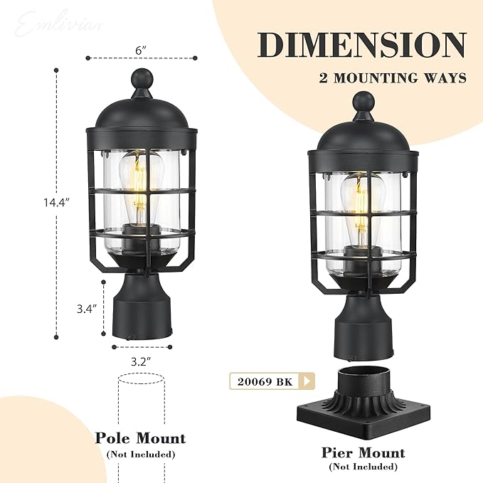 Emliviar Modern 14.4 Inch Lamp Post Light, Black Pole Light Outdoor for Walkway, Outside Post Lantern with Clear Tempered Glass Shade, GE255P-L BK