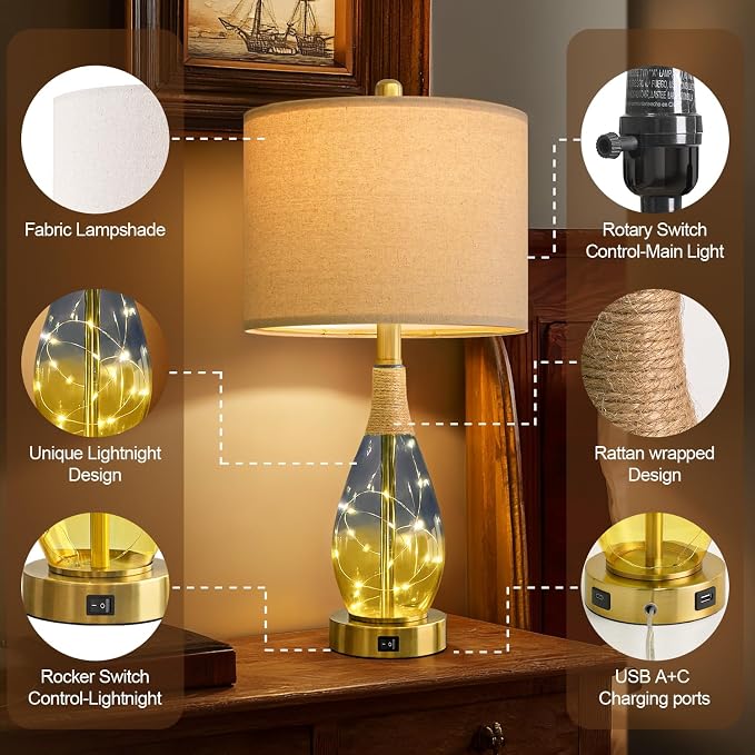 23" Table Lamps for Living Room Set of 2,Bedside Lamps for Night Stands, Rattan Lamps for Bedroom,Farmhouse Lamps with Glass Nightlight,Two Light Points