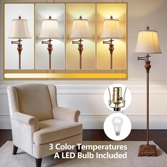 Vintage Floor Lamps for Living Room,Traditional 350° Adjustable Swing Arm Farmhouse Floor Lamp for Bedroom, Rustic Standing Lamp Pole Lamps for Reading, Home Décor and Office, Wood Grain