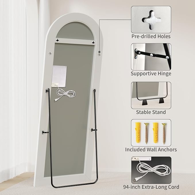 Koonmi LED Arched Full Length Mirror, 65"x24" Full Length Mirror with Lights, Lighted Floor Mirrors with Stand, Full Body Mirrors with Dimming & 3 Color Lightingfor Living Room Cloakroom, White